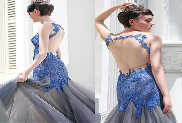 Colar vestidos de noite de decote de decote com apliques de renda azul e cinza vestido de baile aberta vestido de formatura longo2359966