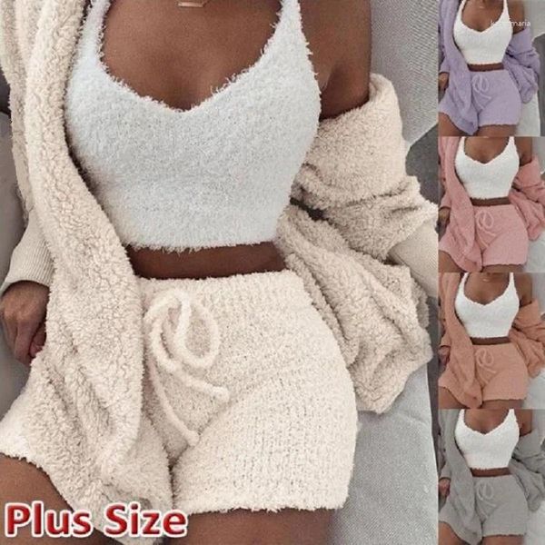 Mutade feminina 2024 Fluffy Three Piece Set Lounge Sexy 3 Mulheres Camisinho Tanque de Tanque e Calças Casual roupas de casa