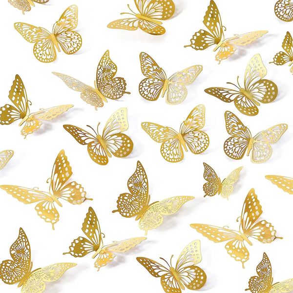 48pcs 3d Decoração de parede de borboleta 4 estilos 3 tamanhos Decorações de ouro para a sala de bolos de festa de aniversário 240429