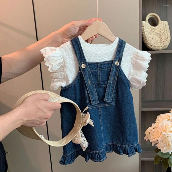Giyim setleri kızlar kot kamisole elbise seti 2024 yaz bebek pileli düğme yeleği dantel kenarı kısa kol üst moda sevimli 2ps 2-7y