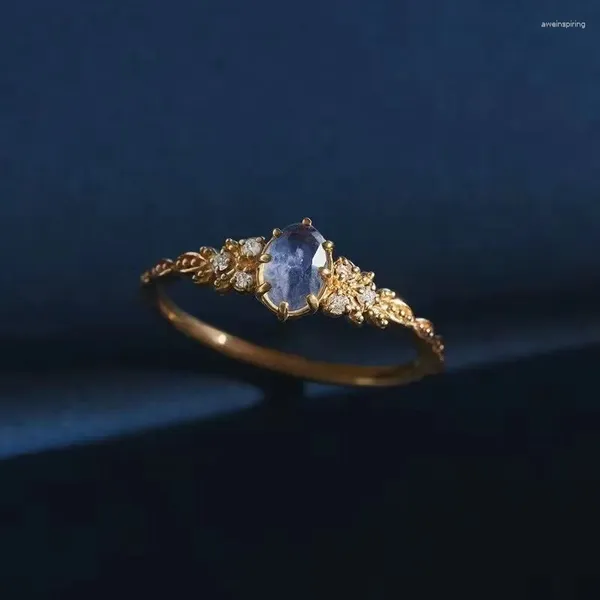 Eheringe japanischer Stil Nachahmung natürlicher Cordierit Hollow Ring weibliche Glücksglück Olivenblatt lila Zirkon Paar Engagement