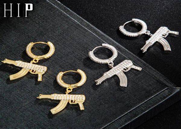 Hip Hop 1pair Iced Циркон AK47 Серьга Серьга Золото Золото Цвет Микрооплаченный AAA Bling Cz Cone Servgs для мужчин ювелирных изделий 22021496636868787032