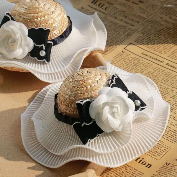 Vestuário de cachorro decorativo Camellia Straw Hat Acessórios de animais de estimação Ins estilo ajustável Cat Sun Bowknot Summer