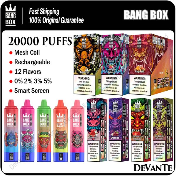 Bang Box Puff 20K Tek Kullanımlık Vape 20000 Puflar Akıllı Ekran E Sigara 850mAh şarj edilebilir pil örgü bobini 26ml Önceden Doldurulmuş Pod Sepetleri