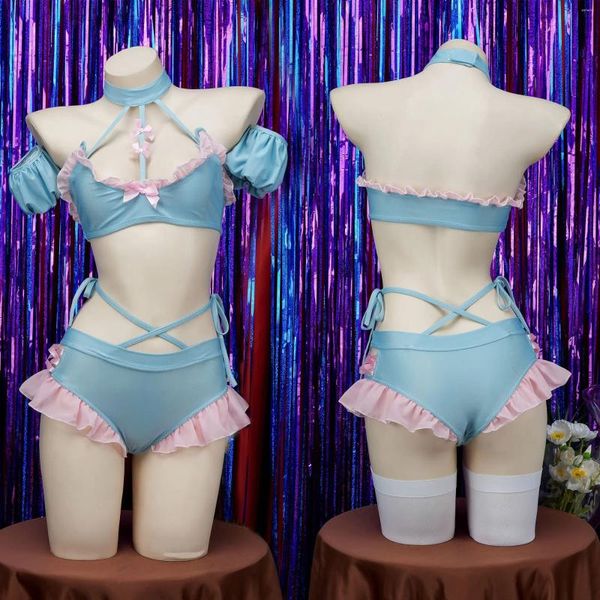 Kadın Mayo Kadın Mavi Pembe Kız öğrenci fırfırlı stil bikini set ev lingeries cosplay kostüm kıyafetleri seksi bölünmüş mayo