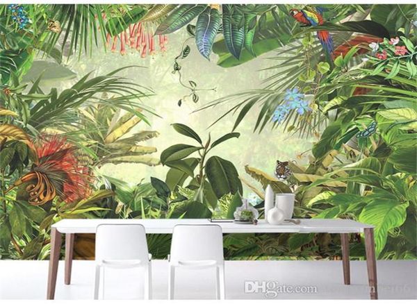 Papel de parede de estilo de estilo do sudeste asiático tropical floresta de banana deixa o restaurante da floresta verde cenário de garrafas grandes afrescos Hom5251836