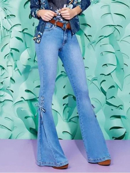 Jeans femminili nella vita da donna primavera ed estiva del 2024 con pantaloni da cowboy allungati grandi cantieri corno