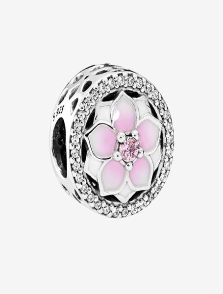 Magnolia rosa 925 Sterling Silver Charm Chain Bracelet Colar Jewelry Acessórios para P Charms de Flores P com Box1615044 original