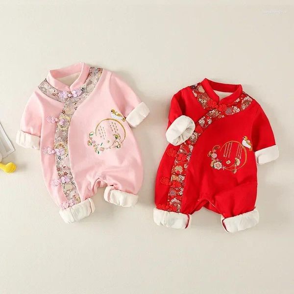 Kleidungssets chinesisches Stil Kostüm für geborenes Baby einteiliger Herbst/Winter Wear Vintage Stickerei warmer Tang Anzug Kinder Mädchen rosa Strampler