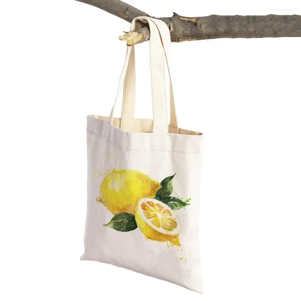 Alışveriş çantaları moda meyve sebze kadınlar çanta suluboya limonlu kabak tuval karikatür bitki seyahat omuz çanta