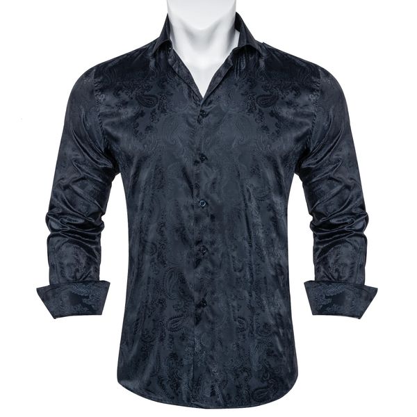 Рубашки для мужчин темно -серая пейсли сплошной шелковой тонкий тонкий подсадка с длинным рукавом мужской социальный бизнес одежда рубашка 240419