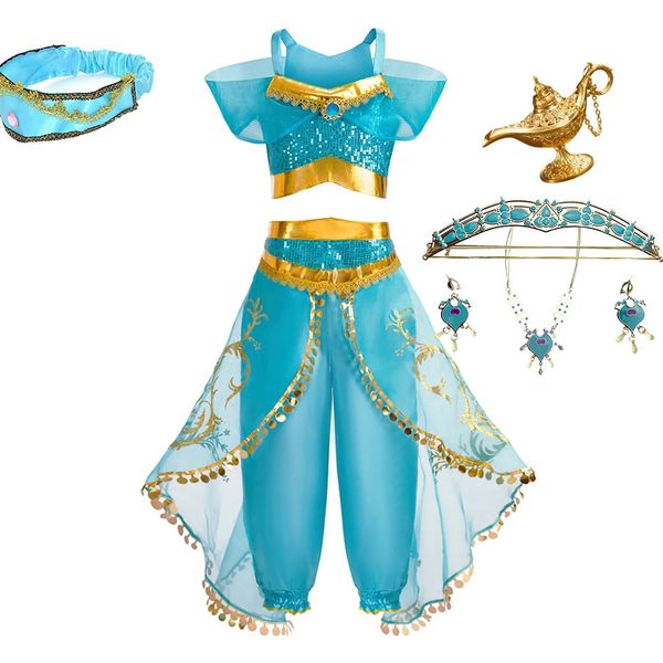 Cosplay de cosplay feminino Jasmine Crianças Crianças Princesa Roupas Crianças Aladdin Lâmpada Vestido de Natal Halloween noite 310t 240413