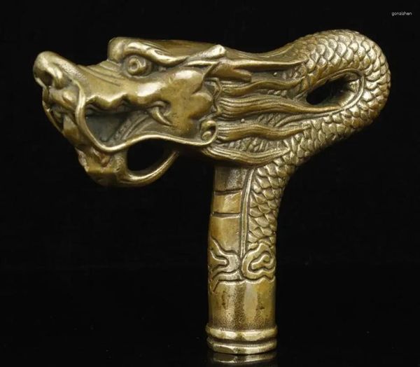 Estatuetas decorativas colecionáveis China colecionável antigo trabalho manual Bronze Dragon estátua de cana -de -cabeça Betes 10cm