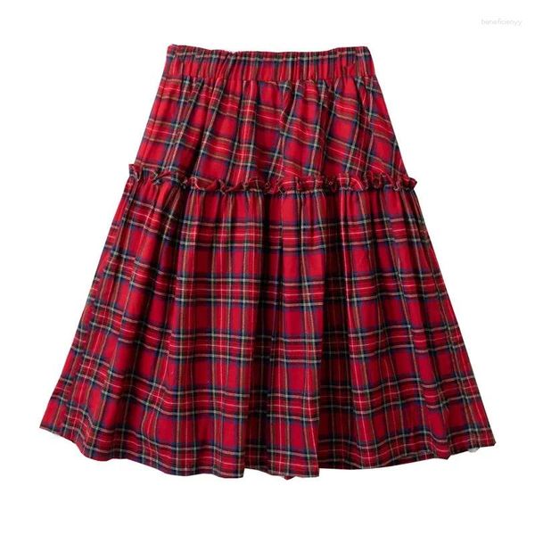 Röcke Preppy Art Damen-Baumwolle rotes Plaid Druck 2024 Federkalb-Länge Falten A-Line Rock Elastic Taille Ohren Ohren