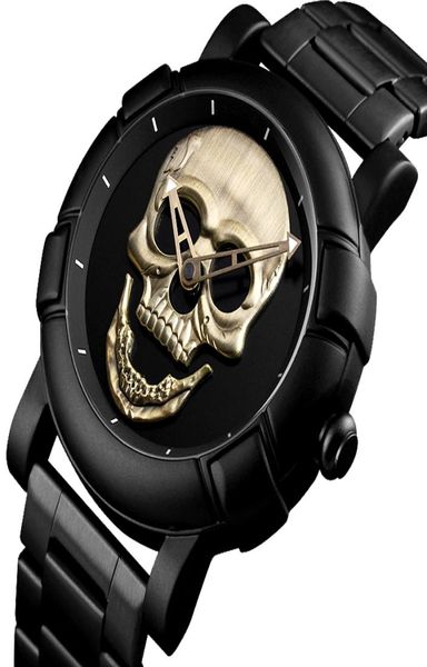 Homem legal steampunk skull head watch homens 3d esqueleto gravado dourado preto mexico punk rock relógio relógios relógios masculino 20128459405