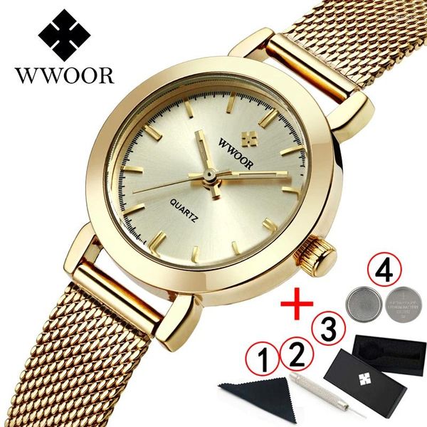 Нарученные часы Wwoor Gold Watch Женщины знаменитые роскошные бренды 2024 маленькие циферблаты Ladies Watchs Mesh Band Forist для Relogio fominino