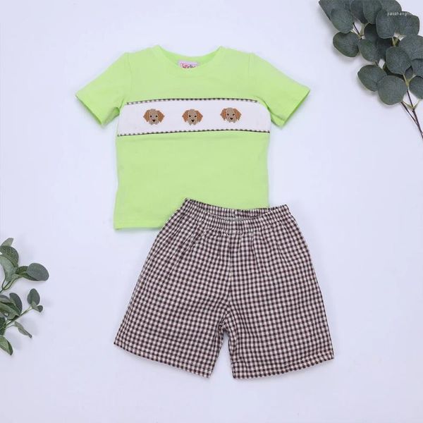 Giyim setleri yaz smock erkek bebek kıyafetleri seti üç köpek yavrusu nakış çocuk şortu takım elbise moda yeşili çocuk kıyafetleri salon giyim