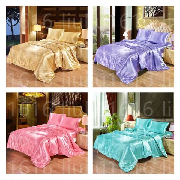 4 Bettwäsche Stücke Satin Seide König Kingsize Set Tröster Quilt Bettdecke flach und ausgestattete Bettblechbettkelze Tuch