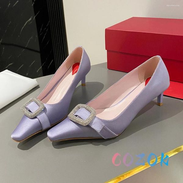 Отсуть обувь Элегантная фиолетовая шелк заостренные пальцы на высоких каблуках женский официальный ужин летний высококачественный хрустальный пряжка декоративность