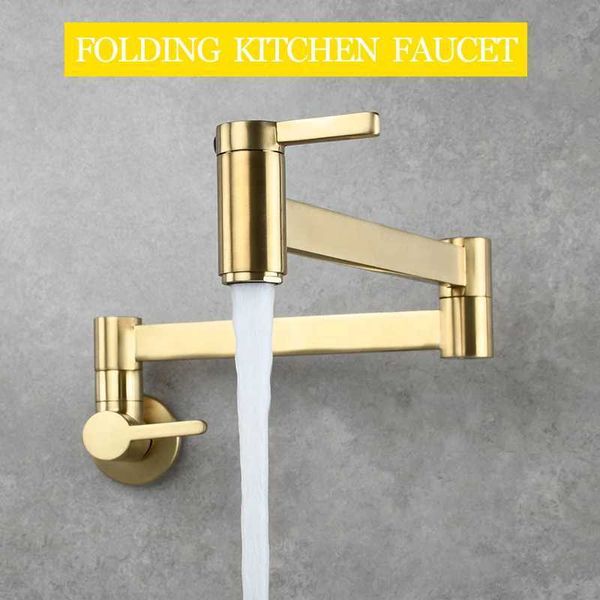 Bad Waschbecken Wasserhähnen Messing Doppelschalter Becken Wasserhahn Küche In-Wand Faltbarer kaltes Tap Mop-Waschbecken Ausdehnung Topf Füllhahn Gold Schwarz Chrom