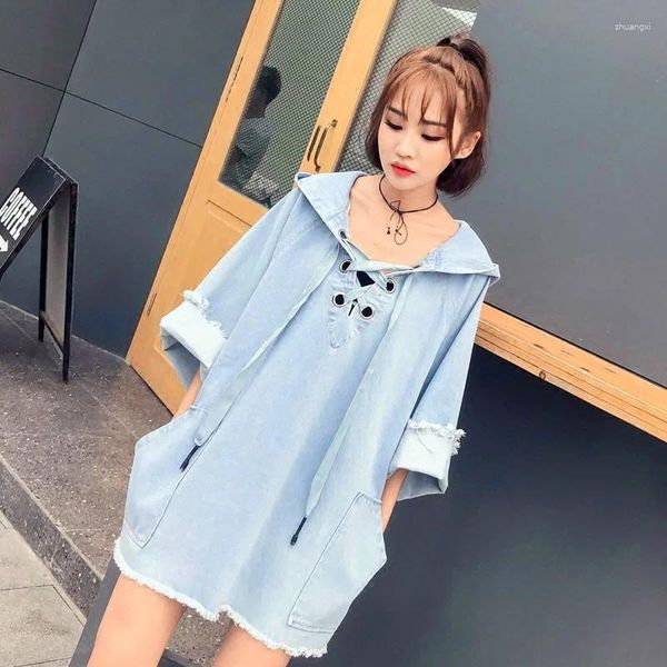 Vestidos de festa, estilo coreano Casual for Women 2024 Denim Loose Hoodie Dress Mid Long Mori Girl Harajuku Jean 5326