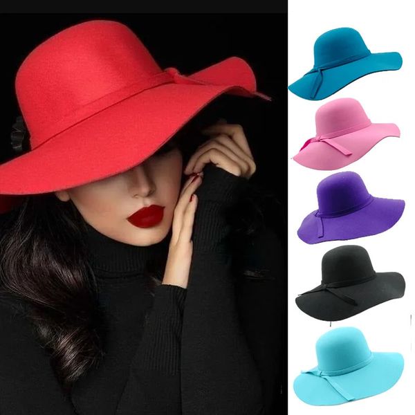 Herbst Winter Vintage Floppy Hut Frauen elegant Filz Fedora Hut breit Schwimon Cap Britisch -Stil Fedoras Filz Floppy Hats 240425