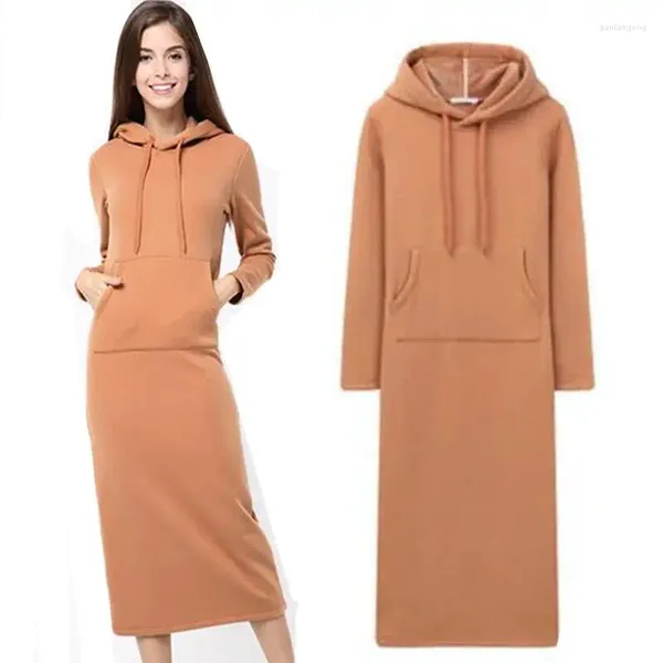 Vestidos casuais 2024 Autumn Winter Mulheres Longo Capuz de capuz de espessura Pullover de cor sólida com moletom de bolso grande vestido com capuz