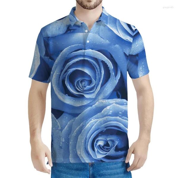 Polos da uomo Multi color rosa fiore 3d polo stampato da palla da uomo estate motivi floreali maniche corte bottoni t-shirt casual