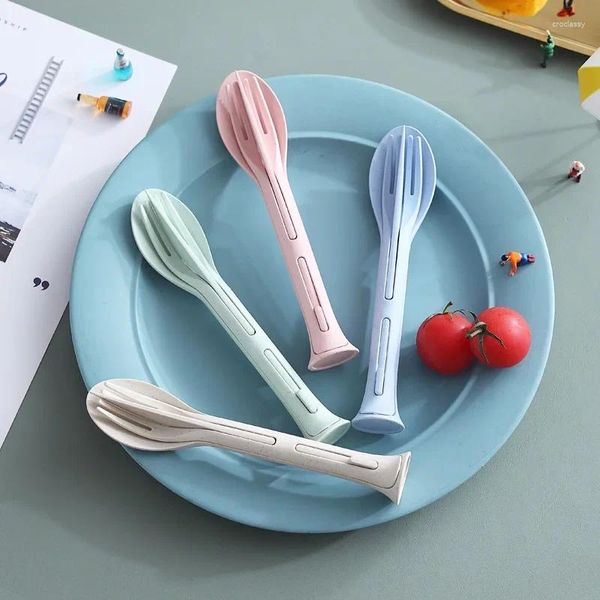 Учебные посуды наборы 3PCS/SET Creative Portable Wheat Strail Three in One Knife Fork и Spoon Family Plastic Western Dableware