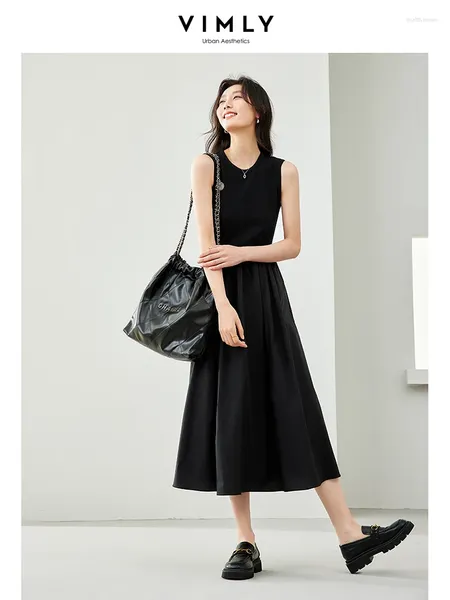 Lässige Kleider Vimly Elegantes Patchwork schwarze lange Frauen 2024 Frühling O-Neck Sundonses A-Line Strickkleid Womans Kleidung M5685