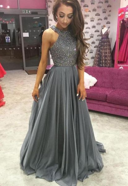 Bellissimo grigio una linea Chiffon 2018 abito da ballo Rhinestone Long sexy sexy abiti da sera formali gioiello Elegante Vestidos de Fiesta 1158744