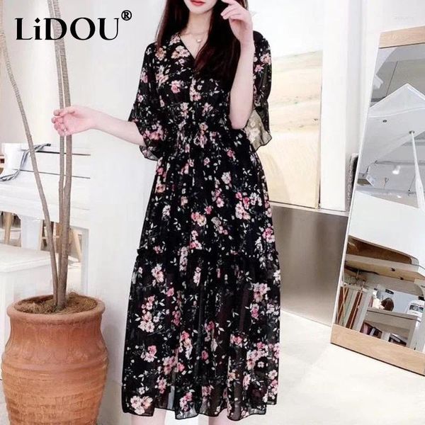 Abiti da festa Sheshe French Sheshes Floral Stampa floreale Mezza manica Vesto a V sciodo di abito elegante casual Donne a temperamenti sottili Chiffons