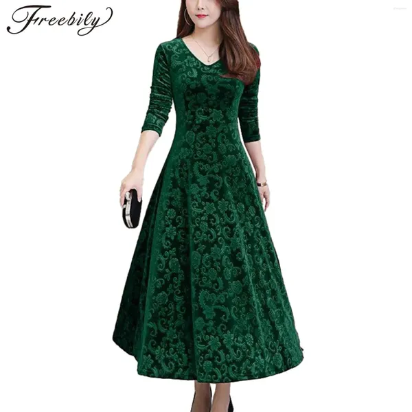 Vestidos de festa as mulheres elegantes Jacquard Swing Dress V pescoço de manga comprida Caia alta vintage para coquetel Casual Woman Night Vestio