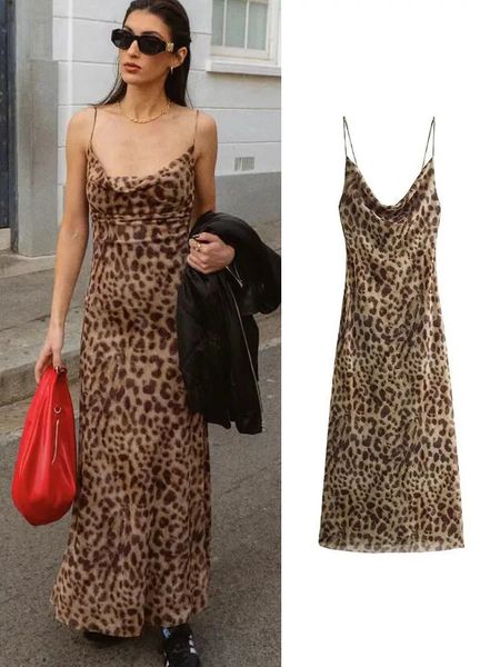 TFMLN 2024 Spaghetti Strap Strap Dress Swing Swing Swing Swing Colle sem costas Clube de festas Pingente Long Dress Retro Leopard Print 240429