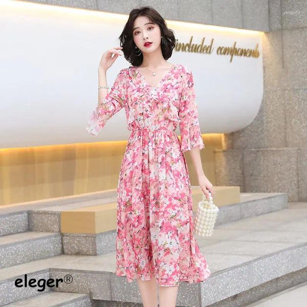 Partykleider Frauen Frühling Sommer rosa florales Chiffon -Kleid Midi Elegant Komfortable koreanische süße Büro Dame 2024 Flare Sleeve