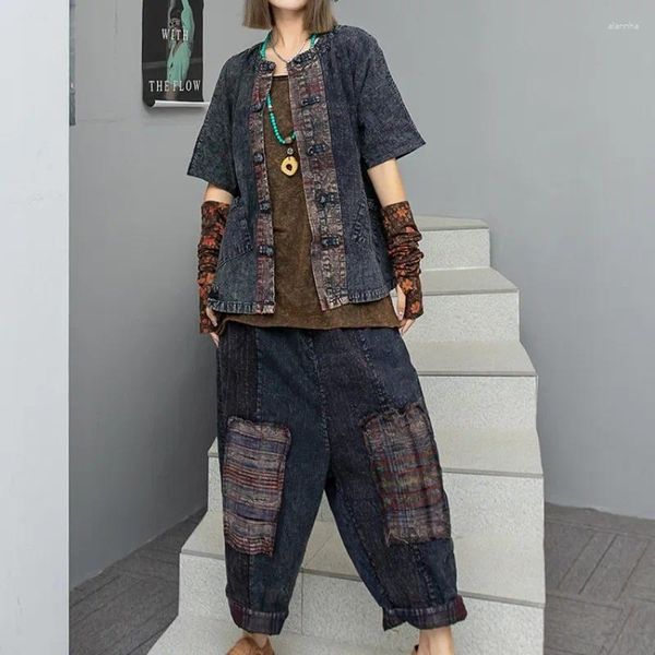 Zweiteilige Hosen für Frauen 2024 Frühling Sommer Patchwork Plaid Knopf Strickjacke Kurzarmjacke lässig zweiköpfige Frauen LOSS LX260