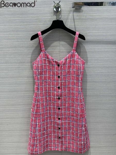 Lässige Kleider Mode Runway Sommerparty Fuchsia Plaid Mini Kleid Frauen Spaghetti-Gurt Single Breaceed Slim A-Line Short