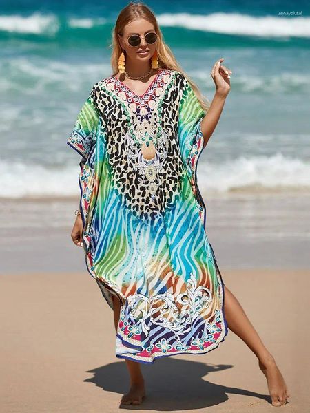 Платья для вечеринок Edolynsa Boho Printed Long Kaftan Casual V-образное платье с половинным рукавом летняя одежда Женская пляж.