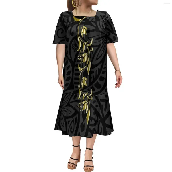 Partykleider polynesische Frauen sexy Fischschwanz Kleid Hawaii Square Neck Sommer Mumu Ruffen unten Samoa Ethnische Muster