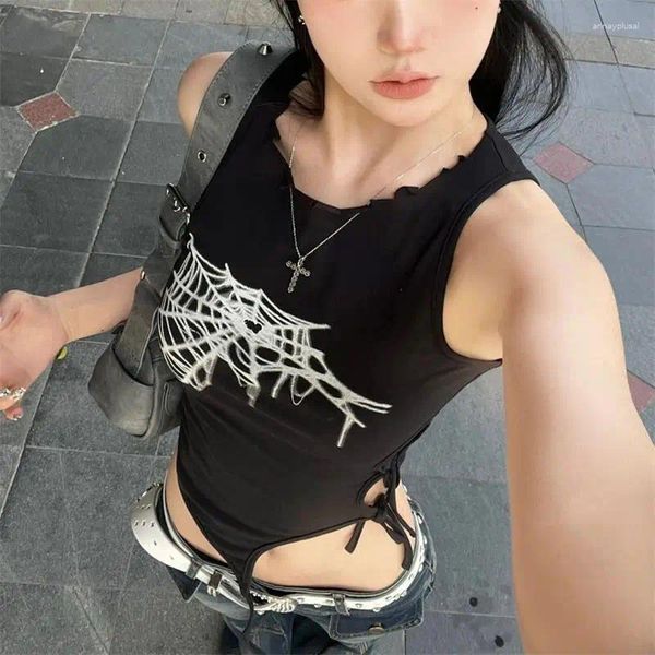 Женские танки Y2K 2024 Summer Spicy Girl Personality Street Sexy Tealler нерегулярная печать Slim Fit Top с без рукавов в панк -стиле