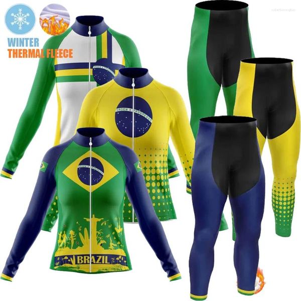 Rennsets Winter Fleece Womens Radsportkleidung Langarm Langarm Brasilien Flagge Jersey Kit Roadbike Hemden Anzug Mtb Ropa Maillot