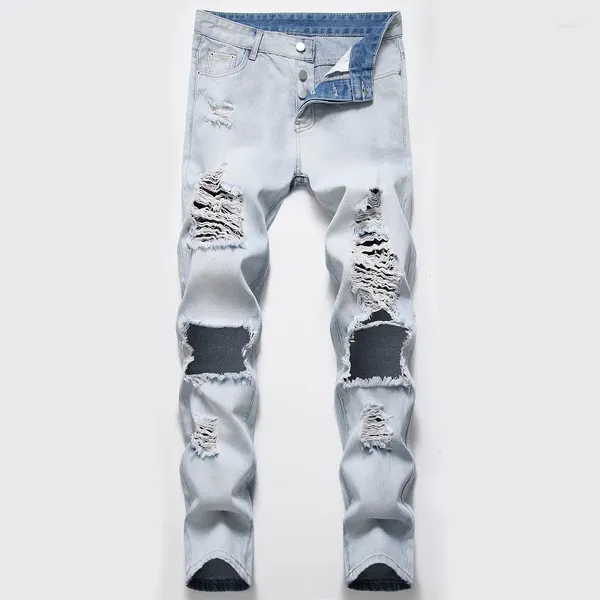 Erkekler Kot Avrupa ve Amerikan High Street Denim Kişilik Büyük Delikler Modaya uygun Eski Dilenci Klasik Yıkık Hip Hop Pantolon