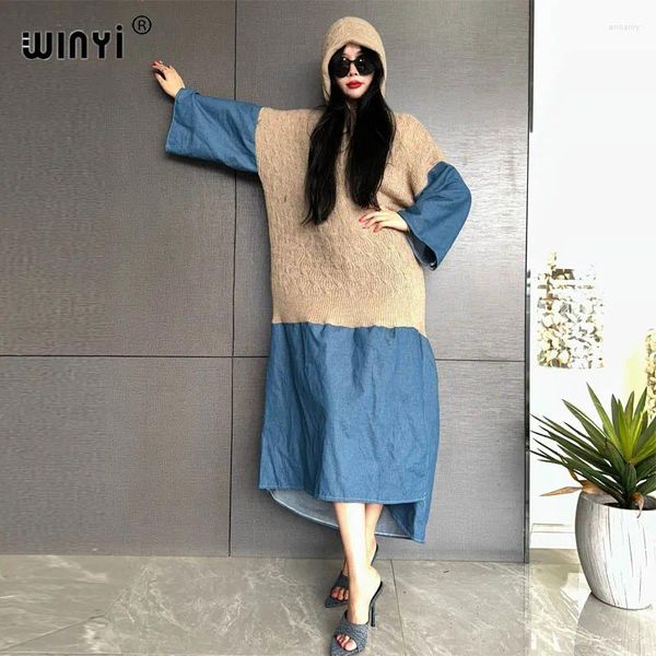 Повседневные платья 2024 Winyi Denim Stitching Design Design Design The Coold Press Holiday Kaftan Africa Women Party Winter для