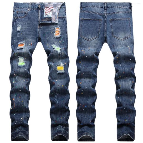 Jeans maschile 2024 pantaloni transfrontalieri transfrontalieri marchi di moda patch strappati con il corpo sottile pittura piccolo piede piccolo piede piccolo