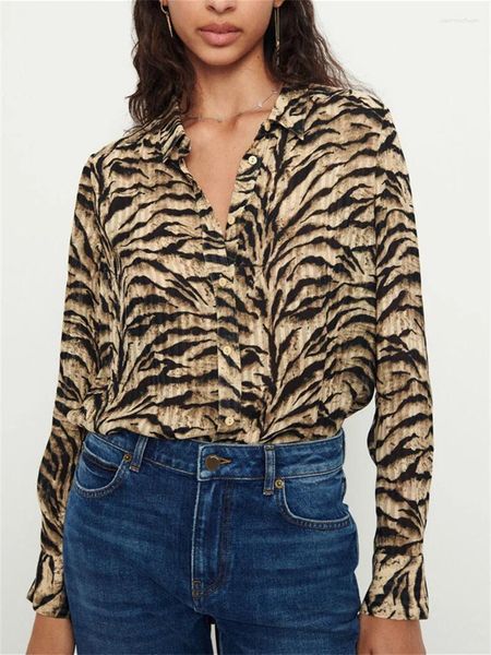 Blouses feminina Blusa de estampa de leopardo vintage colar de gola virada de gola única Senhoras de trespotas de manga longa personalizadas