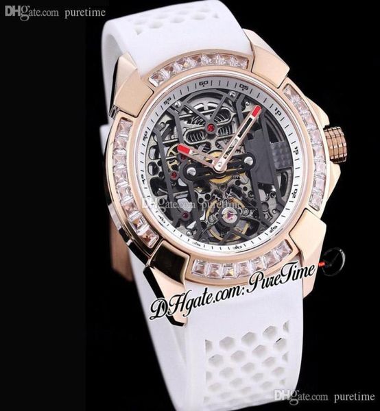 Epicx ex10043ldopald4at Automatische Tourbillon Mens Watch 44mm Roségold Baguette Quadrat Cut Diamonds Lünette Skelett Zifferblatt White5845070