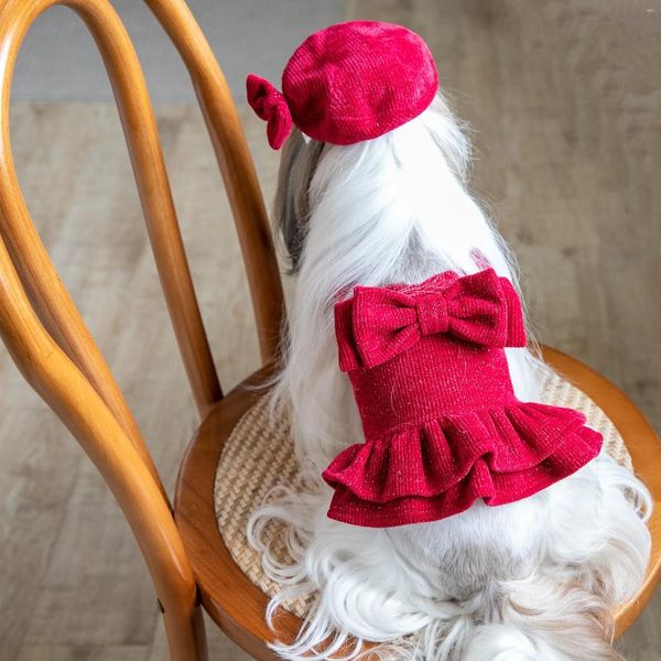 Köpek Giyim Sonbahar Kış Evcil Hayvan Giysileri Kırmızı Yay Etek Şapka 2 Parçalı Set Kedi Yıl Noel Tiki Stil