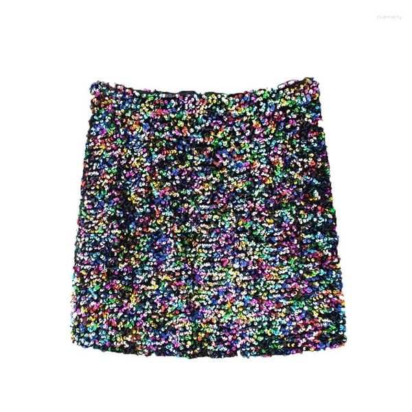 SAIRS MULHERES SEXY Moda brilhante colorido lantejoula mini -saia vintage da cintura alta zíper feminino Mujer