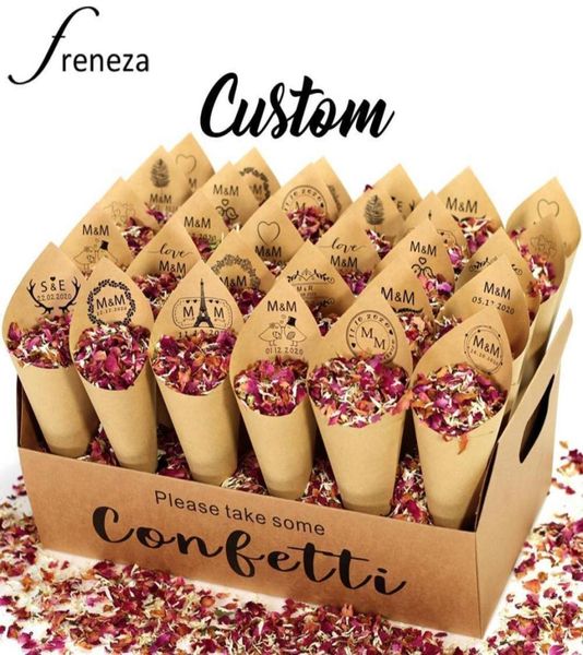 Cones de confete personalizados 100 Natural Biodegatorable Rose seca Flor Petal Confetti Cone Holder Wedding and Party Decoration Y6946305