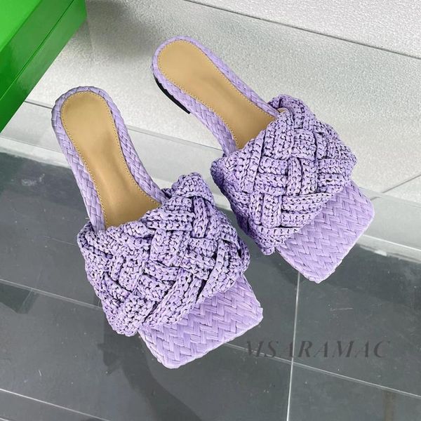 Pantofole Summer Violet Cane Woven Flat Real in pelle vera peep toe scarpe da donna con una vacanza di grandi dimensioni